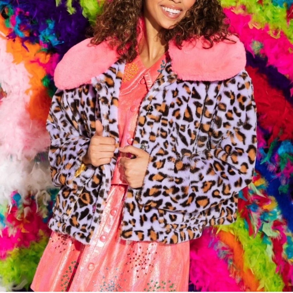 QUEEN OF SPARKLES Leopard Print Faux Fur Jacket